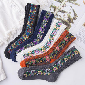 🌻Vintage Socken mit Blumenstickerei (5 Paar)